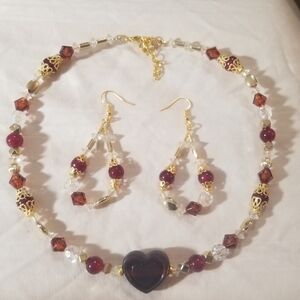 NWT Handcrafted Dark Amber and Gold Choker and Earrings Set.